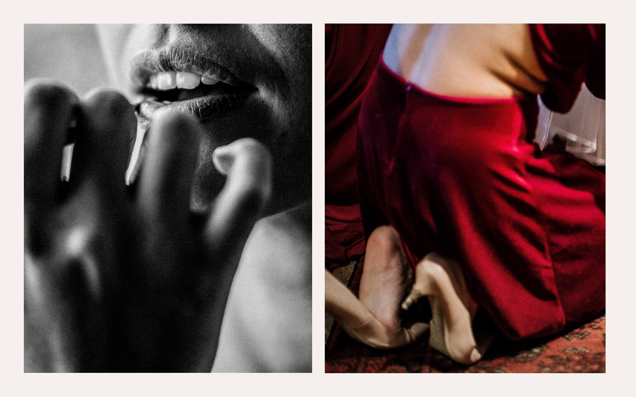 Close detail of a hand at a mouth, and guests seated on red fabric. Ben Viljoen Photography