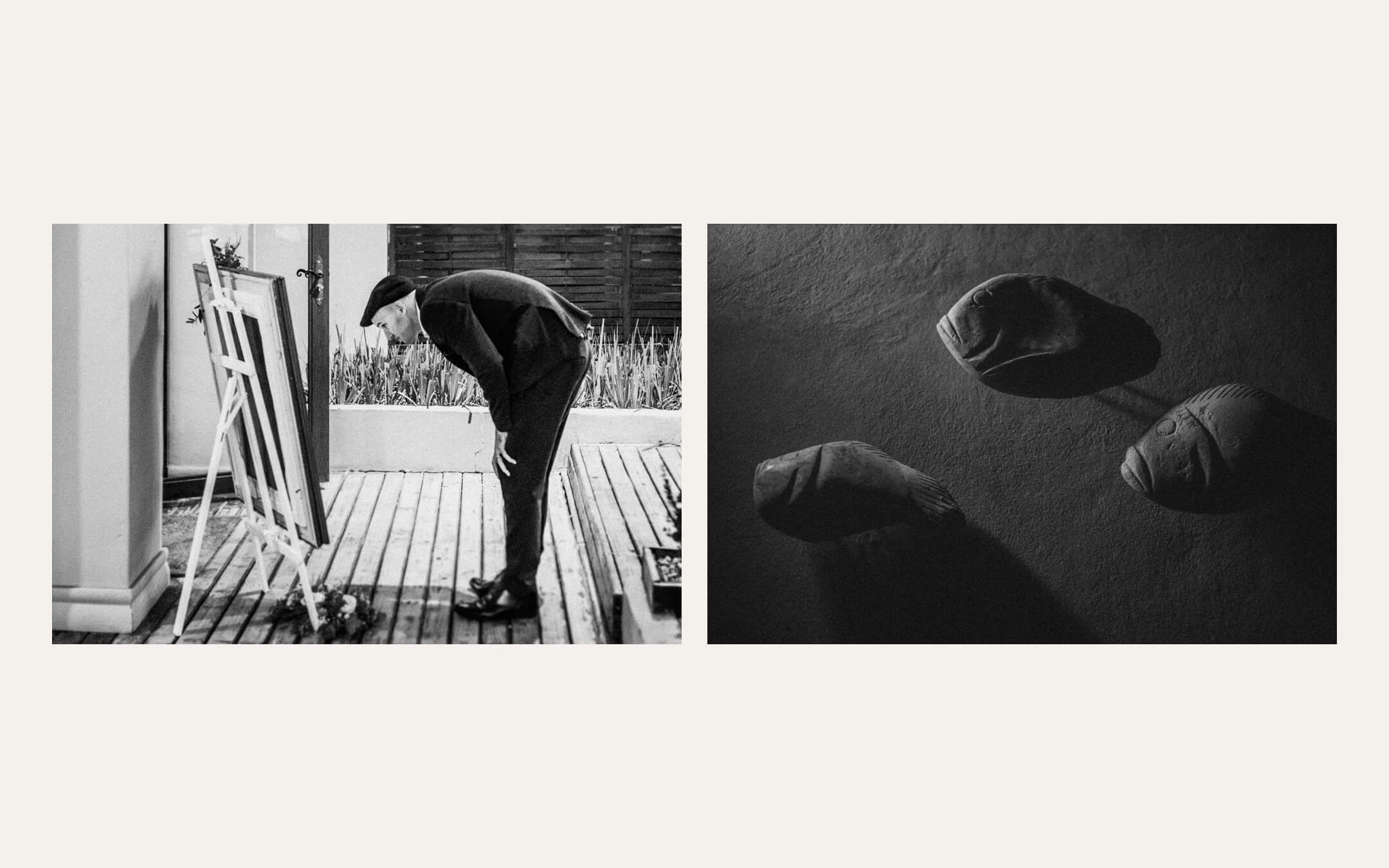 Groom bending over on a wooden deck, and a hand pressing into sand. Ben Viljoen Photography