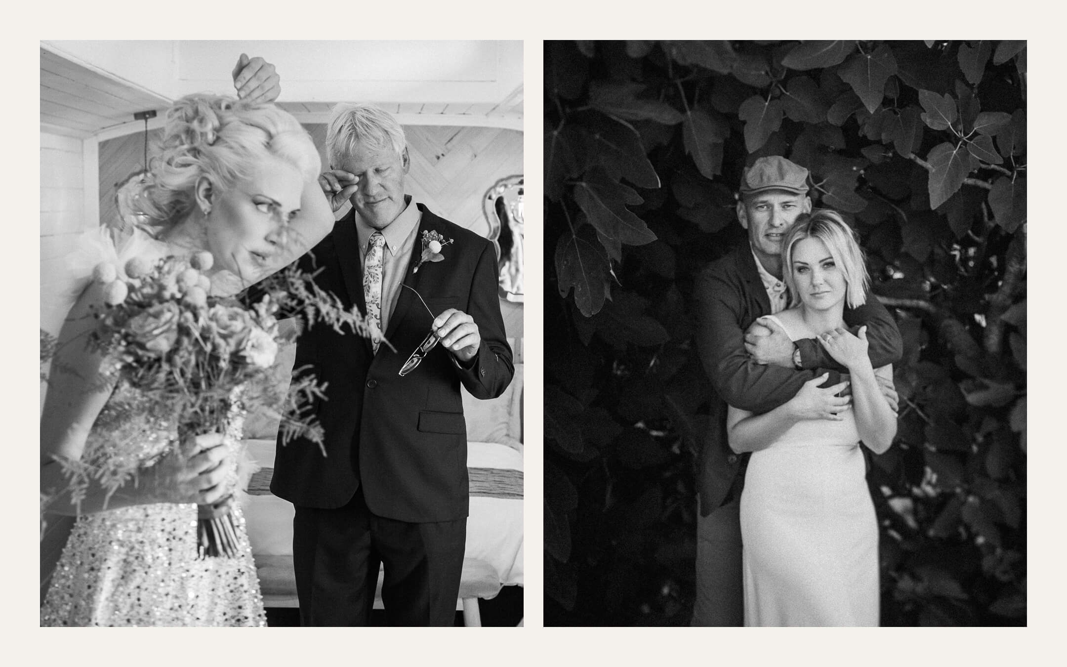 Bride with her father holding her bouquet, and a couple embracing against a leafy wall. Ben Viljoen Photography