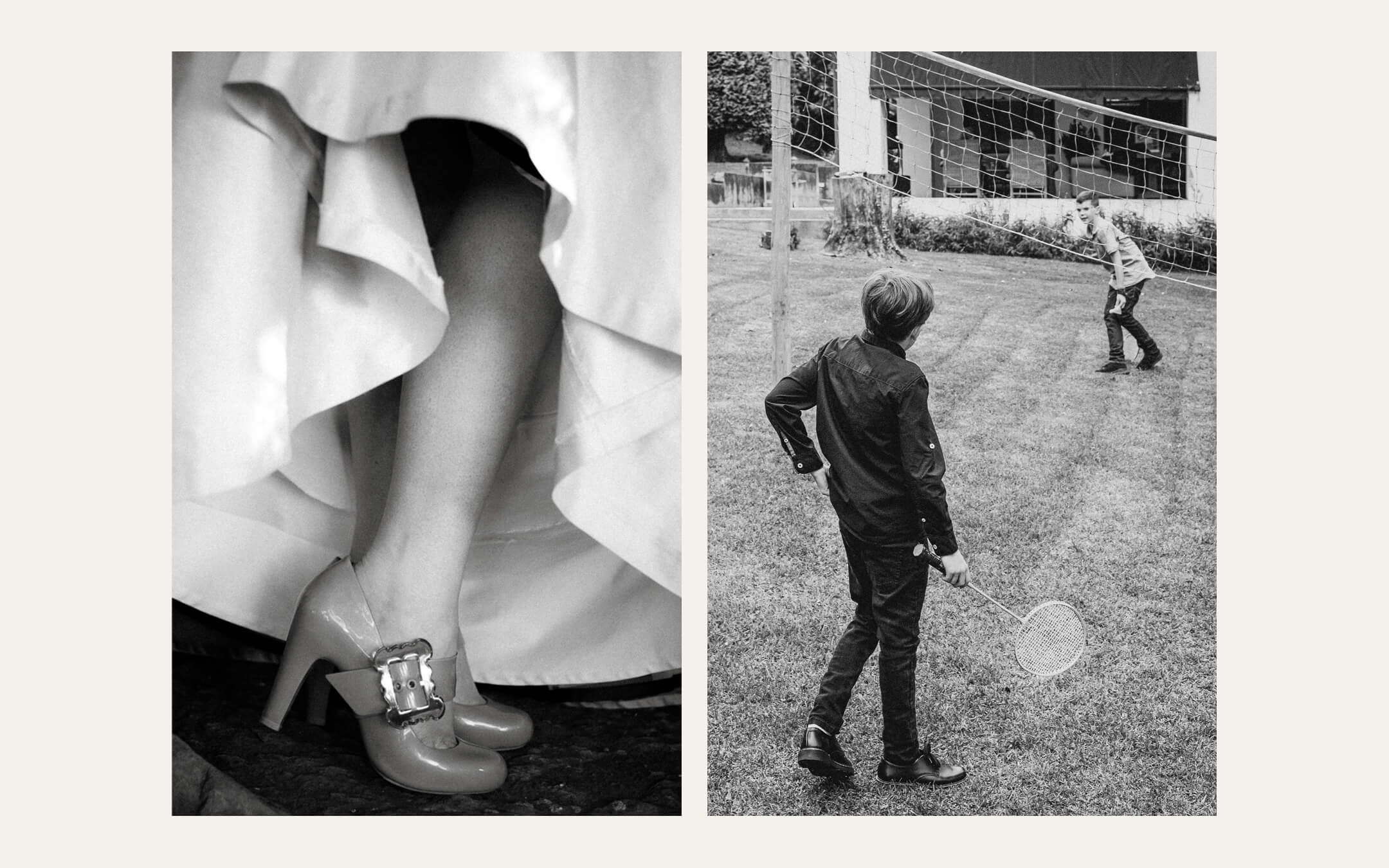 Detail of a bridal shoe beneath the dress, and boys playing on a lawn. Ben Viljoen Photography