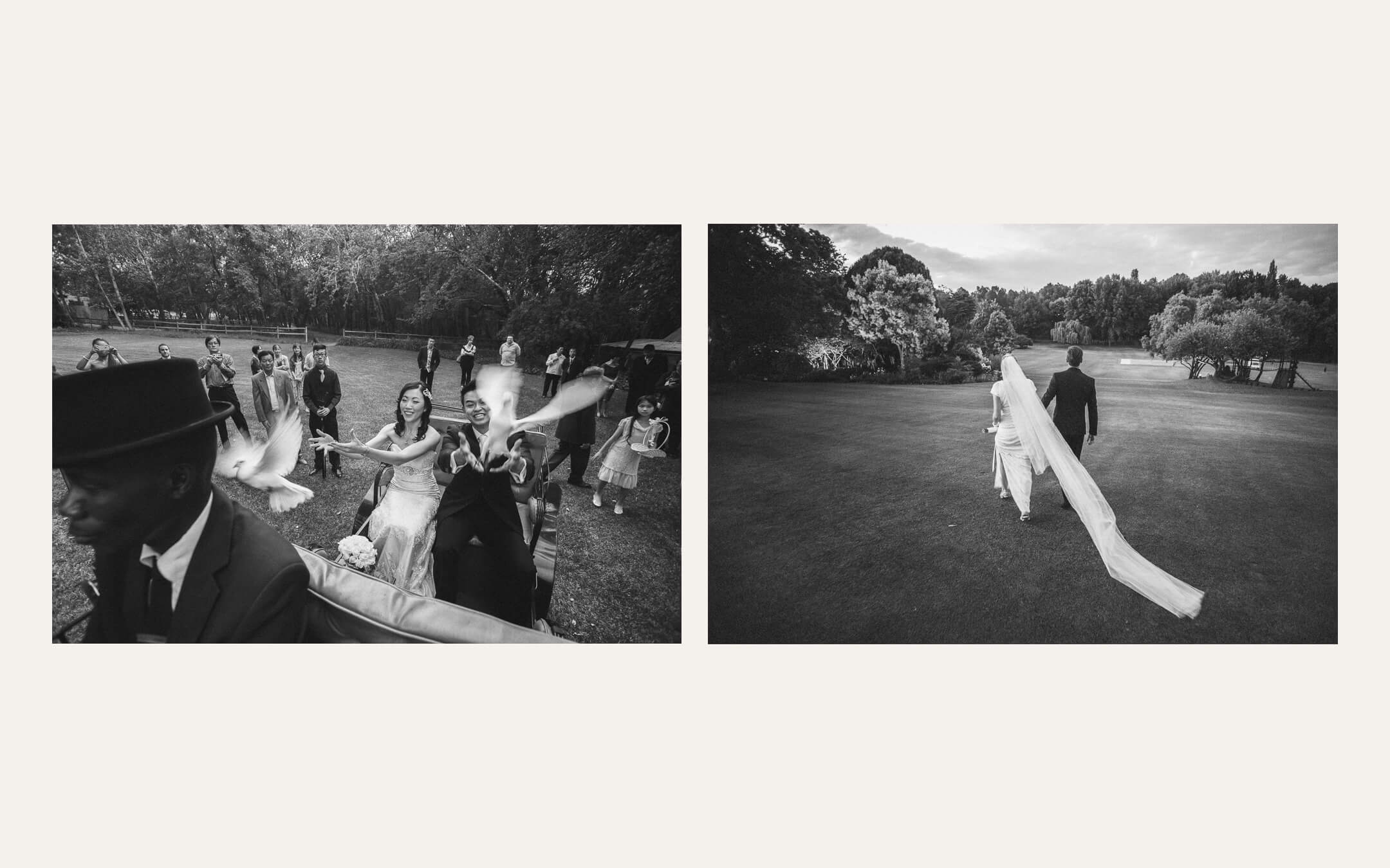 Guests celebrating around the couple, and a bride crossing a lawn with a long train. Ben Viljoen Photography