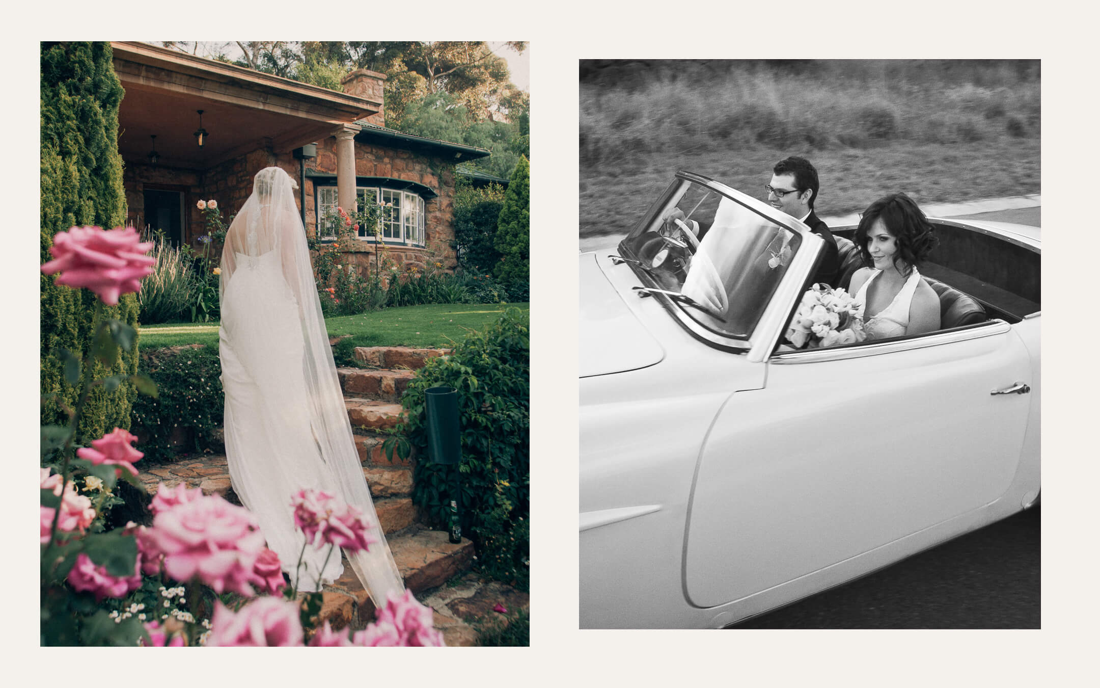 Wedding dress hanging in a rose garden, and a couple in an open classic car. Ben Viljoen Photography