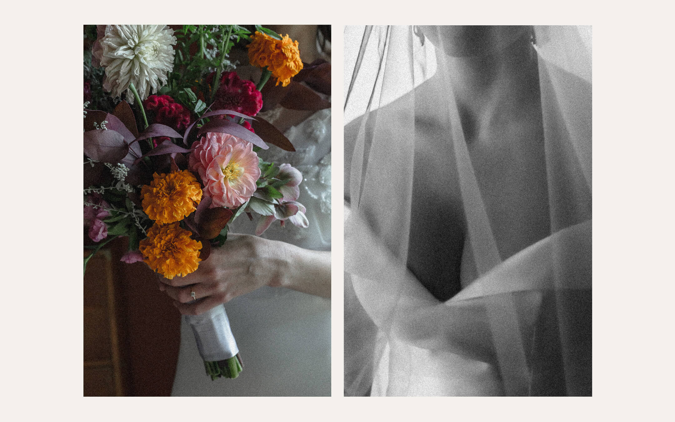 Hand holding a bouquet of marigolds and dahlias, and a bride beneath her veil. Ben Viljoen Photography