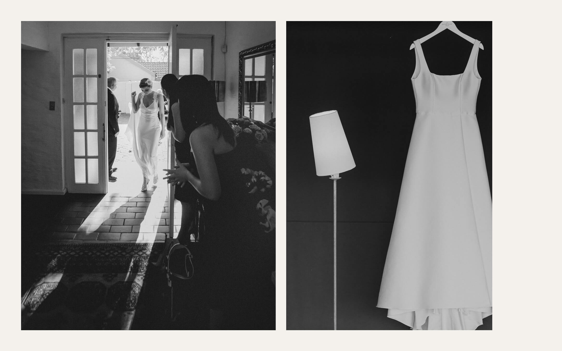 Bride walking through a sunlit doorway, and a dress hanging beside a lamp. Ben Viljoen Photography