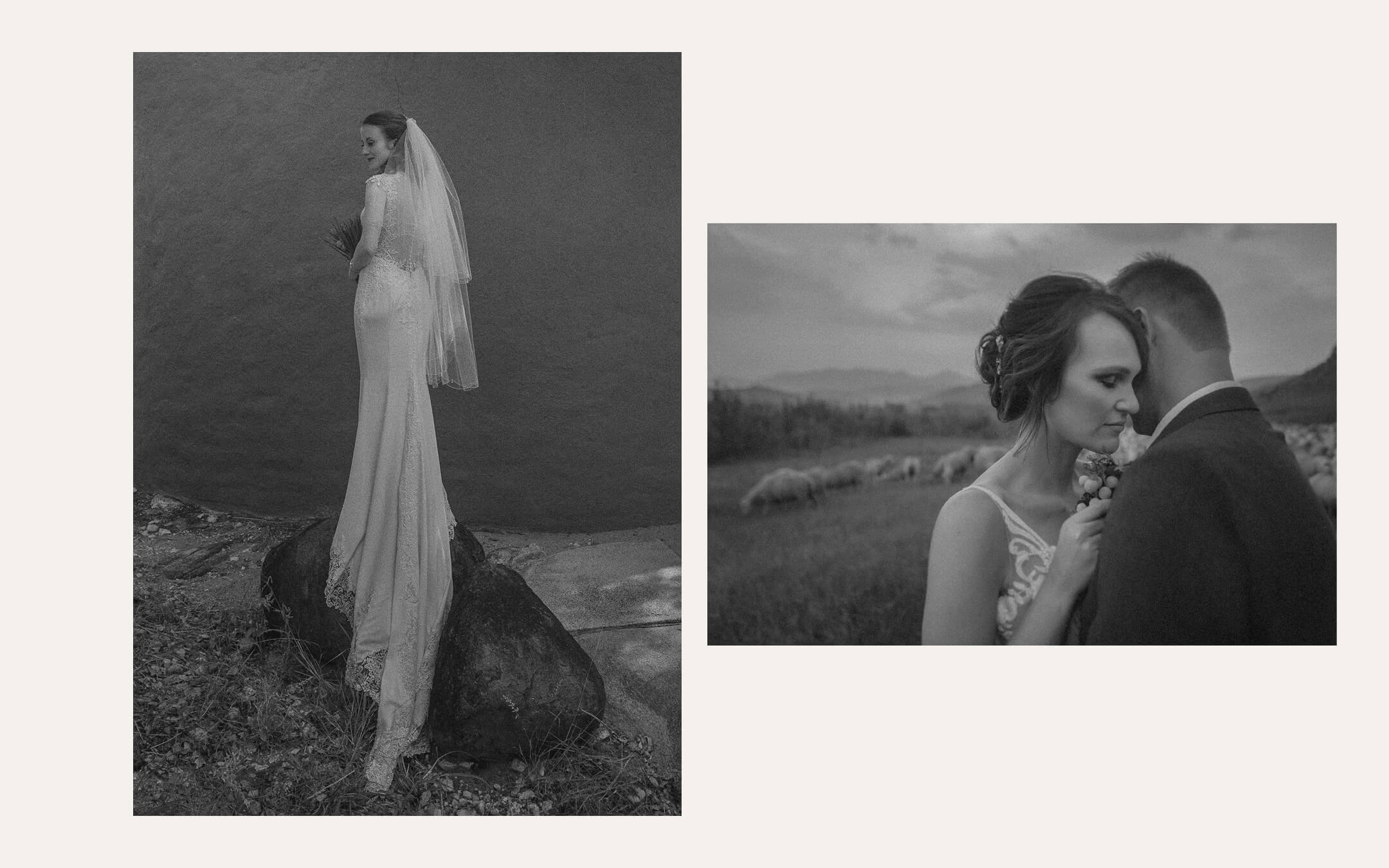 Bride standing on a rock in her veil, and a couple close together in the hills. Ben Viljoen Photography